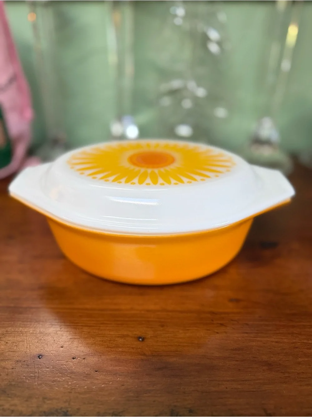 Vintage-Style Yellow Casserole Dish with Sunburst Lid